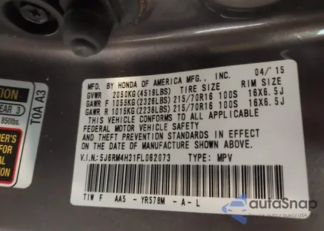 2015 Honda Cr-V Lx from USA, damaged, VIN 5J6RM4H31FL062073